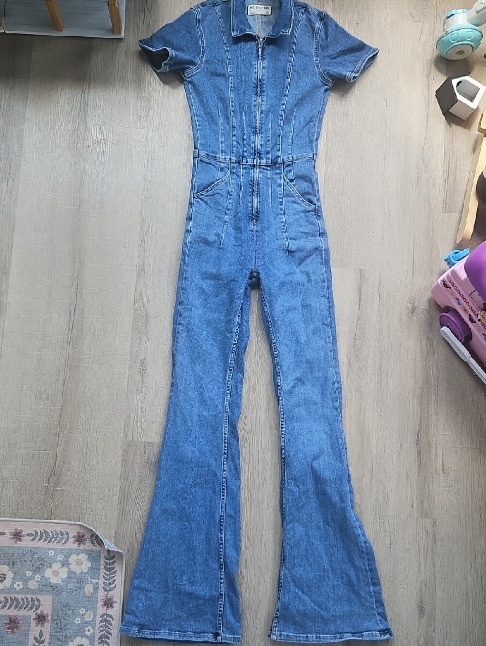 We The Free- Free People Blue Denim Zip-Front Jumpsuit Bootcut